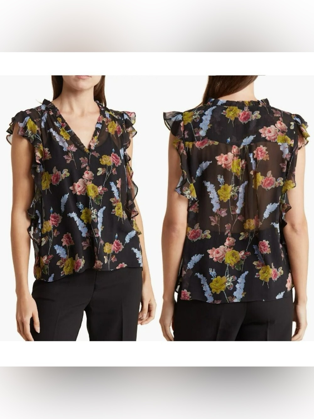 PAIGE Black Floral V-Neck Ruffle Sleeve Blouse
